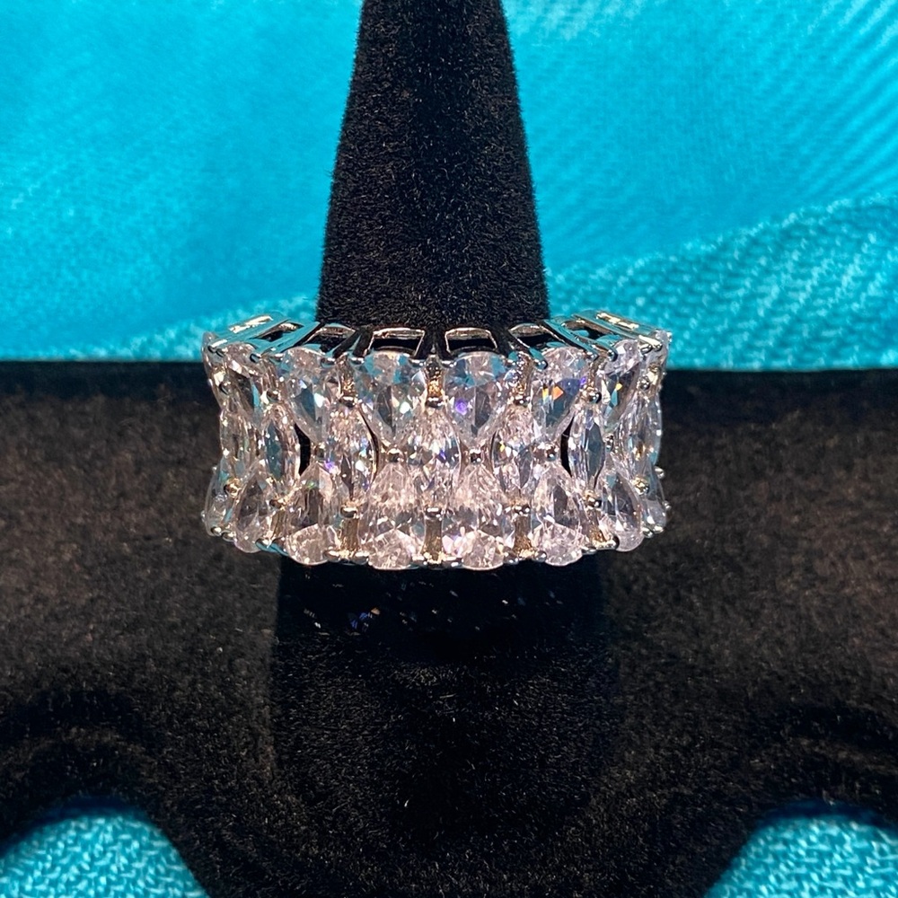 Sparkling Silver White Sapphire  Wide Ring, Sz 8
